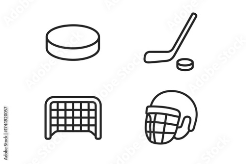 Line art icons of hockey equipment: puck, stick, net, helmet