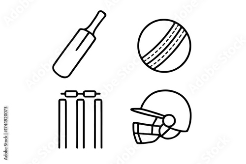 Cricket icons: bat, ball, stumps, and helmet line art collection