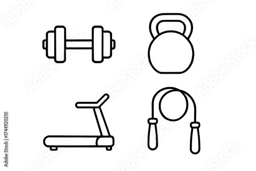 Outline icons of dumbbell kettlebell treadmill and jump rope for fitness and exercise