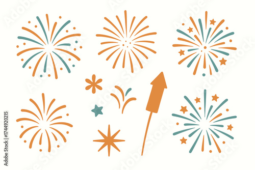 Colorful fireworks and rocket illustration in festive celebration design