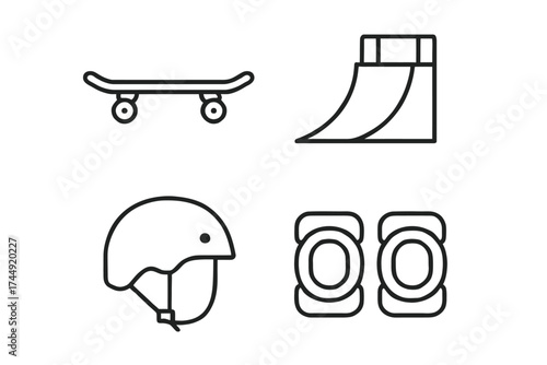 Skateboard elements: skateboard, ramp, helmet, and protective pads line art