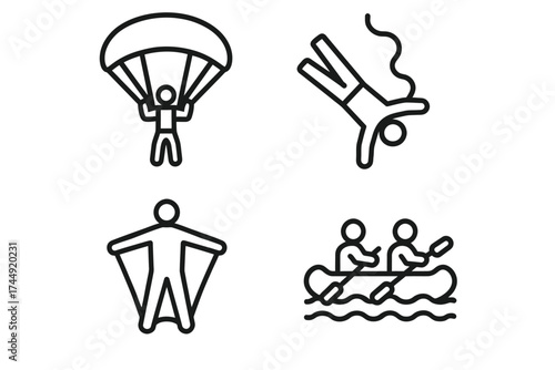 Adventure icons: skydiving, parachuting, rafting, wingsuit base jumping line art