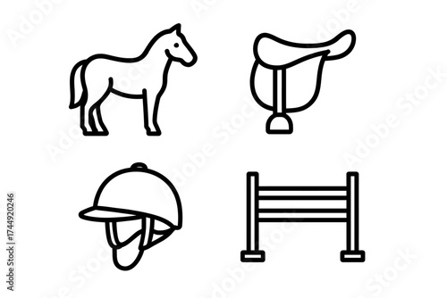 Equestrian equipment icons: horse, saddle, helmet, jumping fence