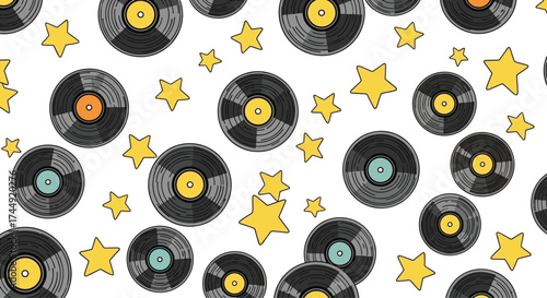 Retro vinyl records and whimsical stars create a nostalgic music pattern.