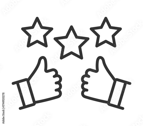 Black and white icon of thumbs up with three stars for positive rating or feedback