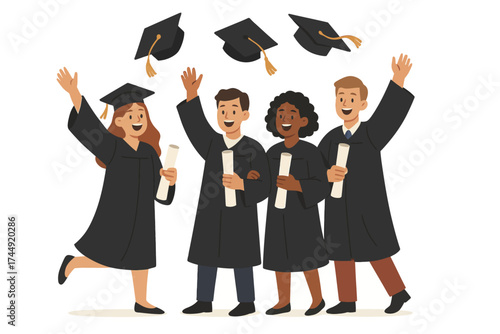Diverse group of happy young adults celebrating graduation together