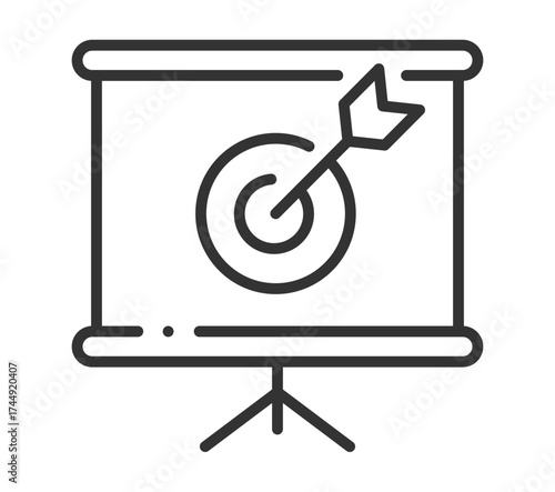 Arrow hitting target on presentation board symbolizing goal achievement