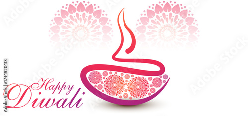 Happy Diwali Festival Illustration with Glowing Decorative Diyas, Elegant Pink Mandala Patterns, Warm Festive Light Background, and Indian Celebration Greeting Card Design