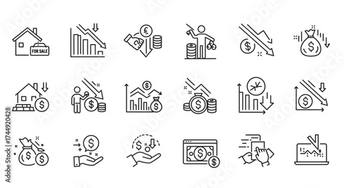 Outline Icons Illustrating Financial Crisis, Economic Downturn, and Market Recession
