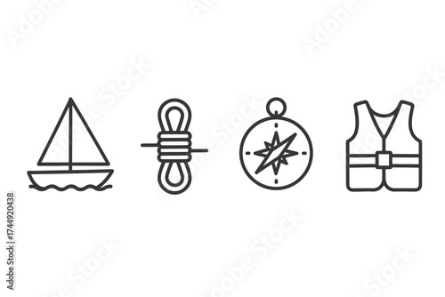 Nautical icons: sailboat, rope, compass, life vest in minimalist design