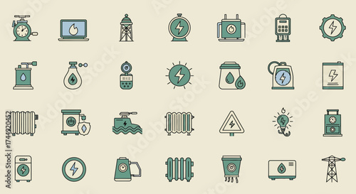 Power and energy icons set, illustration representing power generation and distribution