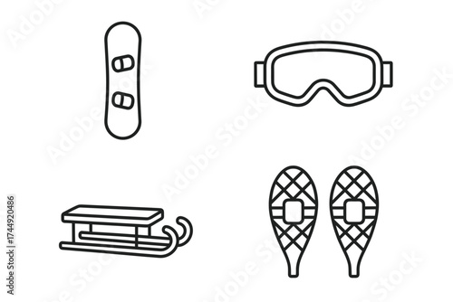 Winter sports icons: snowboard, goggles, sled, snowshoes in black and white