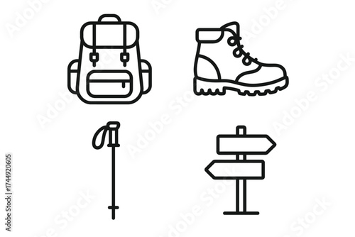 Outdoor adventure gear icons: backpack, hiking boot, trekking pole, direction sign