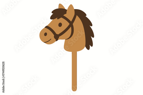 Wooden stick horse toy with brown mane and harness for kids' playtime