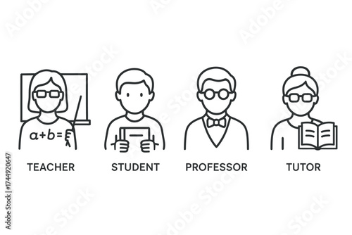Line art illustrations of teacher, student, professor, tutor icons
