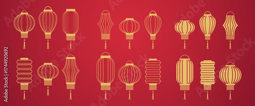 Chinese festival lanterns set. New year abstract vector geometric icons, symbols for cinesi lunar party. Golden design elements for border, card, poster, banner, background.