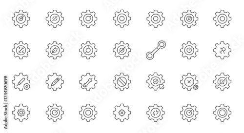 Set of Gear Icons in Linear Style, Symbolizing Settings and Technical Processes