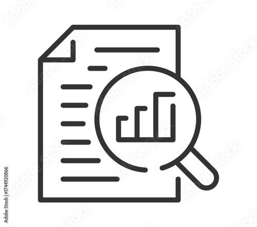 Data analysis icon: magnifying glass and chart on document