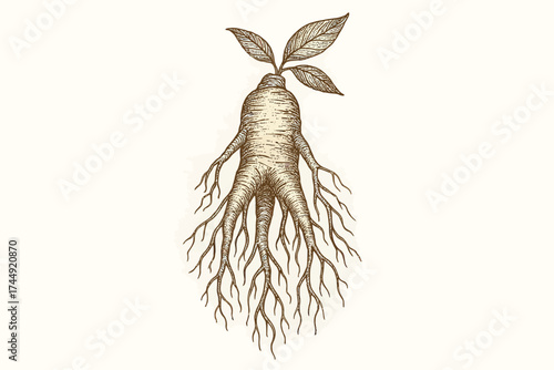 Detailed illustration of ginseng root with leaves on light background
