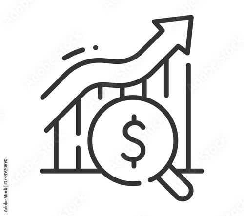 Line graph with arrow and magnifying glass featuring dollar sign
