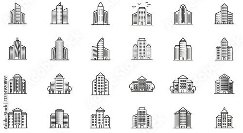 Set of twenty-four modern city buildings and architecture line icons style vector