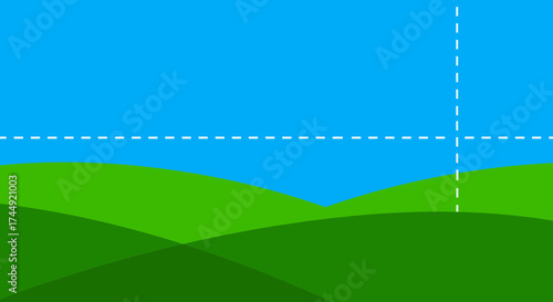 Stylized landscape illustration with green hills and blue sky simple backdrop