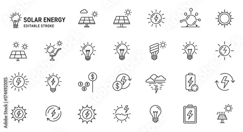 Solar Energy Line Icon Set: Renewable Resources and Sustainable Power Solutions