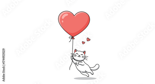 A playful cat floats upwards holding a heart-shaped balloon.