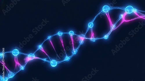 Abstract glowing DNA helix made of blue and pink molecules on dark background, symbolizing genetics, biotechnology, science research, medical innovation, molecular biology, and futuristic discovery.