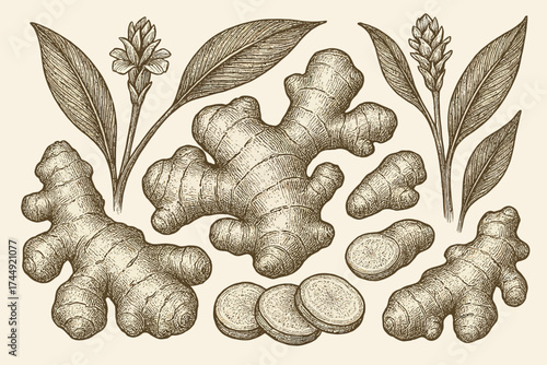 Hand-drawn ginger roots and leaves botanical illustration in brown tones
