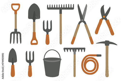 Set of garden tools: shovel, rake, shears, bucket, hoe, trowel, fork, hose