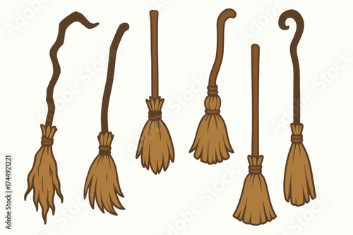 Collection of six cartoon broomsticks with different handles on white background