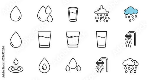 Vector illustration set of water related icons in outline style showcasing purity