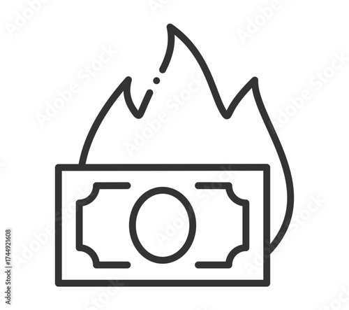 Burning money concept illustration with dollar bill and flame icon