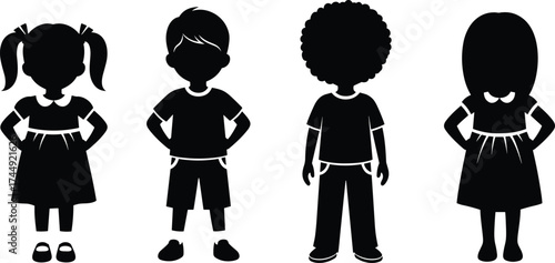 Children silhouette, diverse kids, standing together, black vector, hairstyle variety, cle, emotional, family, youth, individuality