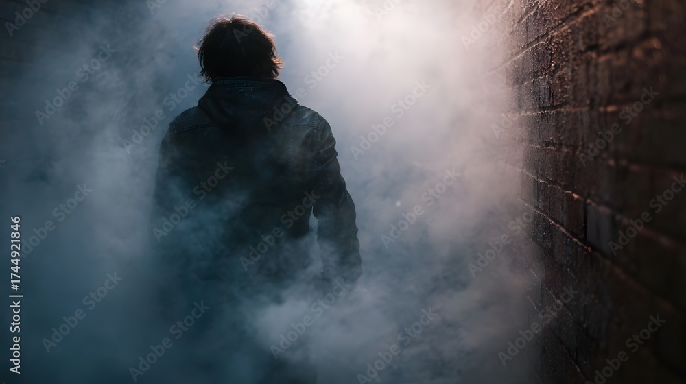 Obraz premium A solitary figure walks through a dense smoke filled urban alleyway under dramatic lighting