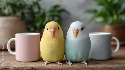 Two cute, fluffy yellow chicks sit beside a cup of coffee and chocolate for a funny Easter holiday celebration with a small newborn bird isolated on white