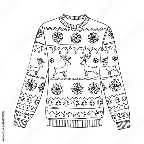 Christmas sweater vector line art, cozy winter pullover with reindeer and snowflake patterns, black outline illustration ideal for coloring pages, festive designs, and holiday fashion graphics.