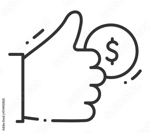 Thumbs up with dollar sign coin icon indicating financial success and approval