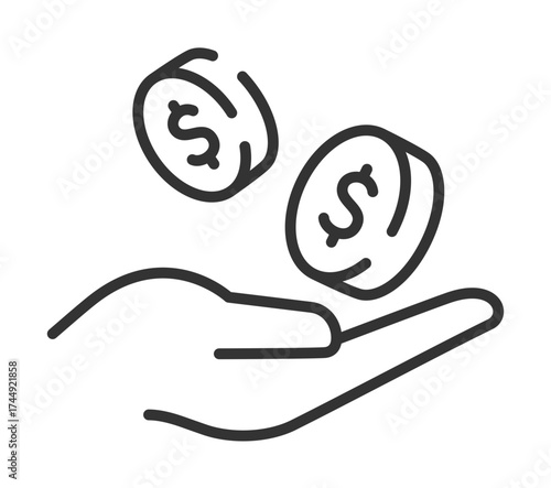 Outline of hand juggling dollar coins symbolizing financial decisions