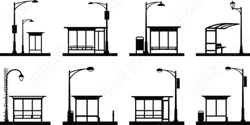 bus, stop, silhouette, shelter, bench, lamp, pole, urban, outdoor, transport, infrastructure, city, architecture, design, vector, illustration, public, lighting, furniture, equipment, station