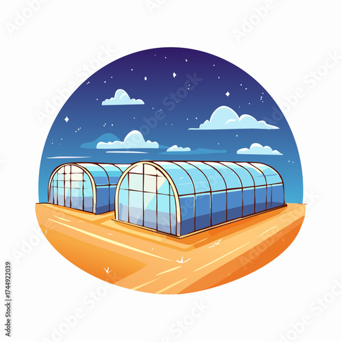 Glowing greenhouses in a farm at night under a starry night sky