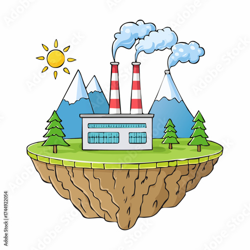 Geothermal Power Plant on Floating Island Emitting Steam near Mountains