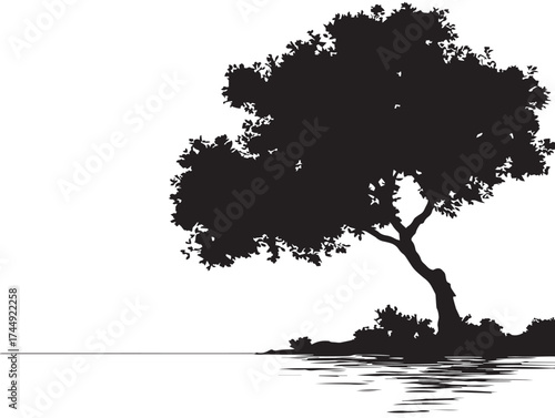 Graceful Tree Beside Ocean Shore Silhouette Illustration