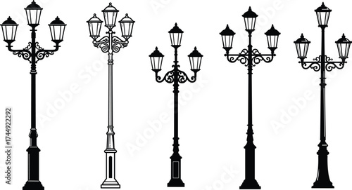vintage, street, lamp, silhouette, lantern, decorative, ornate, pole, urban, outdoor, illumination, electricity