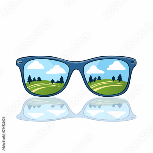 Landscape reflected in a pair of blue sunglasses on a sunny Day