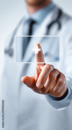 Doctor touching virtual medical icon on transparent screen with cross symbol conveying healthcare innovation and patient care