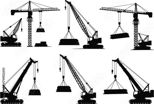 Construction crane silhouette, tower and crawler cranes, lifting equipment, industrial scene, black figures, building site, engineering concept, heavy load, isolated background