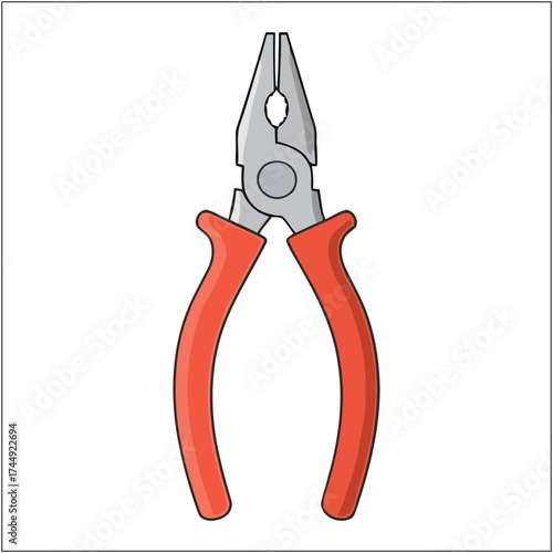 A cartoon illustration of combination pliers with red handles, isolated on a white background.