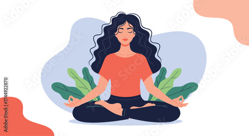 A woman meditating peacefully in a relaxed pose on a white background.